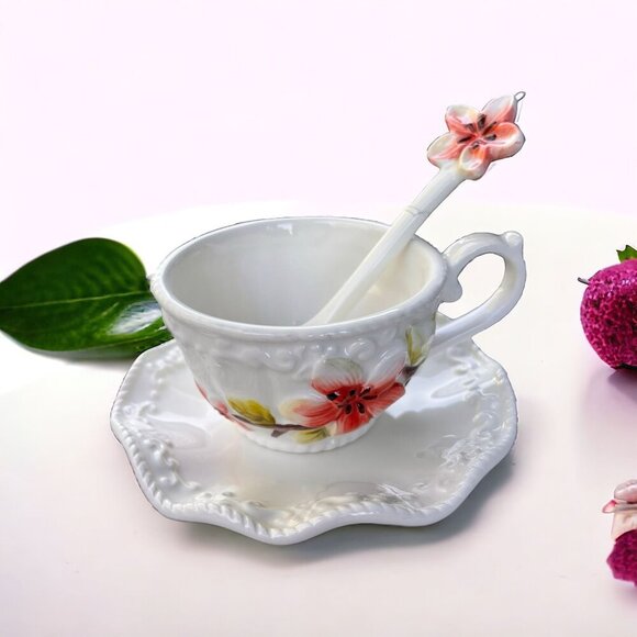 VTG Botanical Collection By Corner Ruby Floral Ceramic Teacup & Saucer Spoon Set - Picture 1 of 10